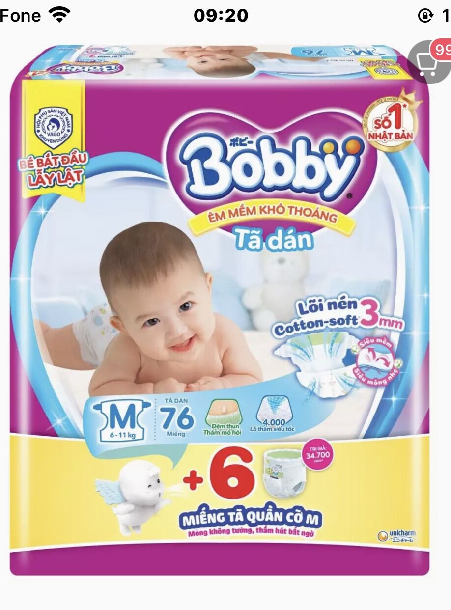 Tã dán bobby siêu thấm M76 + 6 quần mẫu mới lõi nén 3mm