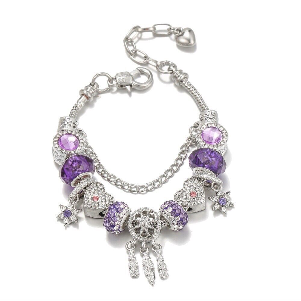 Vòng charm bạc đá tím phong thủy may mắn