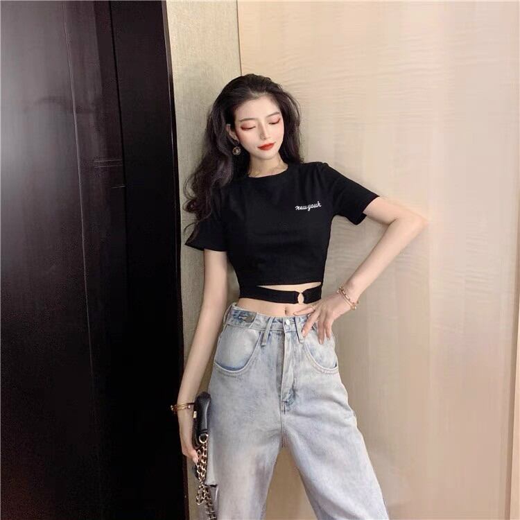 Áo Kiểu Croptop Khoen Eo thun lụa