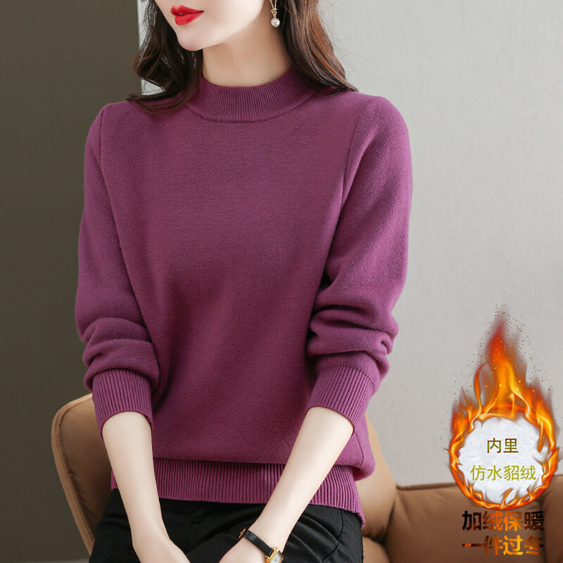 Trang Phục Cho Mẹ Áo Len Cừu Áo Len Mềm Mại Giữ Ấm Lót Lông Cho Nữ Áo Dệt Kim Phối Bên Trong Nhung Liền Dày Dặn Áo Mặc Trong Màu Trơn