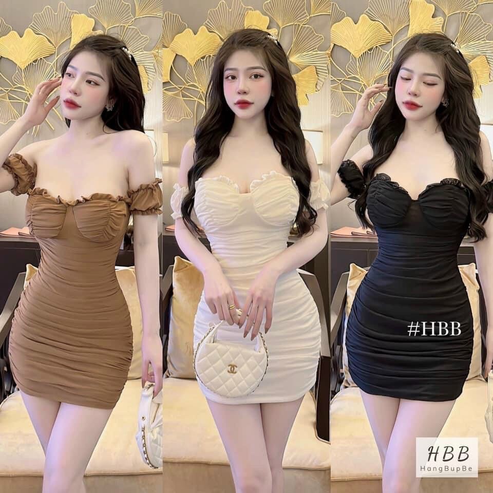 Váy trễ vai body thun gân - Đầm ôm nhún ngực trễ vai