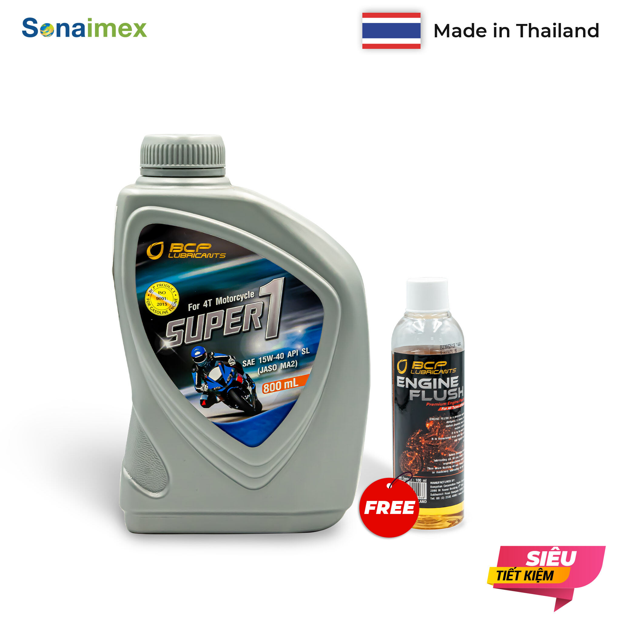 [TIẾT KIỆM] Combo 1 Chai nhớt xe máy BCP Thái Lan 0.8L SUPER 1 SAE 15W40, API SL, JASO MA2 dành cho xe số 4 thì + 1 Chai BCP Engine Flush 100 ML dung dịch vệ sinh động cơ giúp tăng hiệu suất nhớt mới thay vào, xe chạy êm mượt hơn