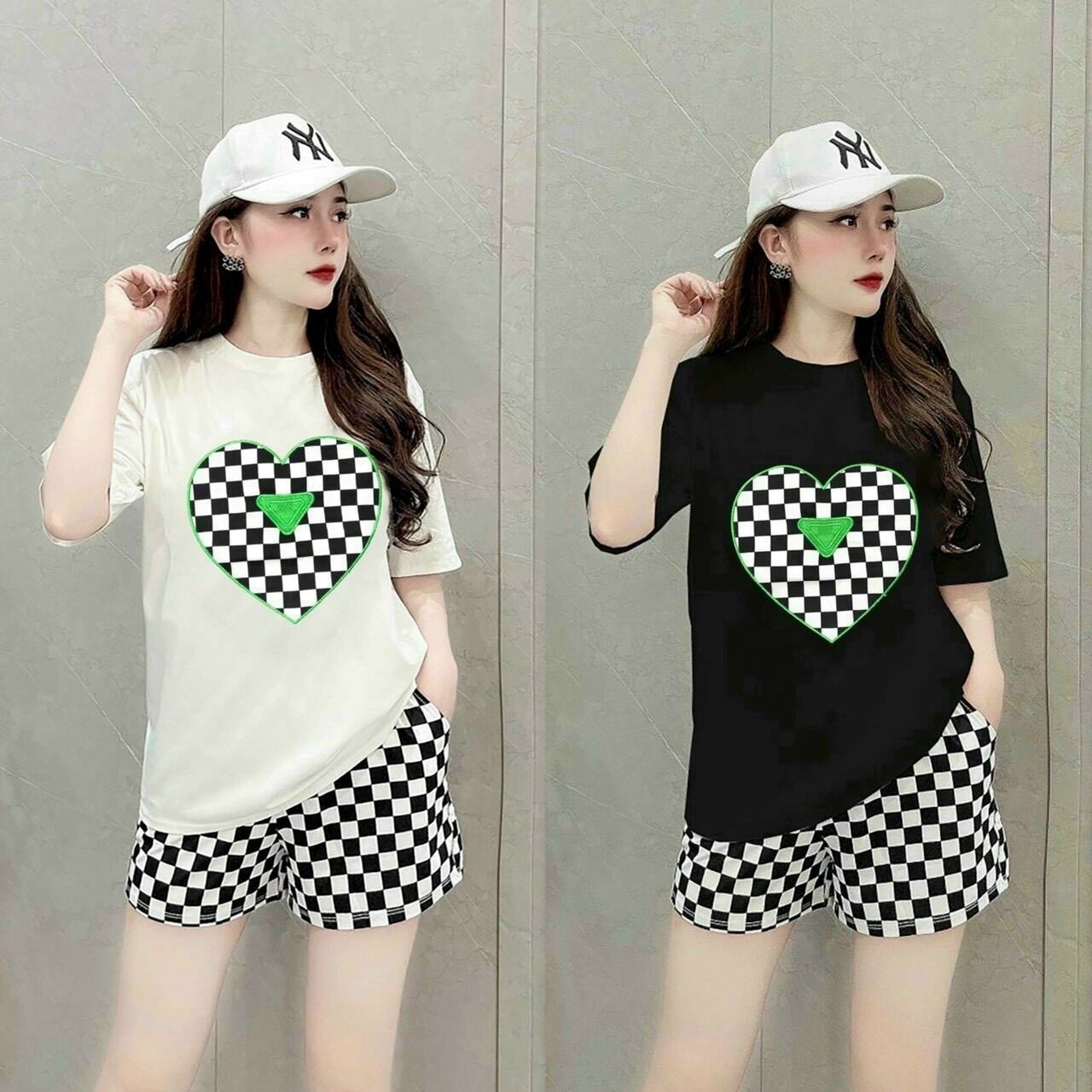 Bộ short cotton thêu tim phối 3d