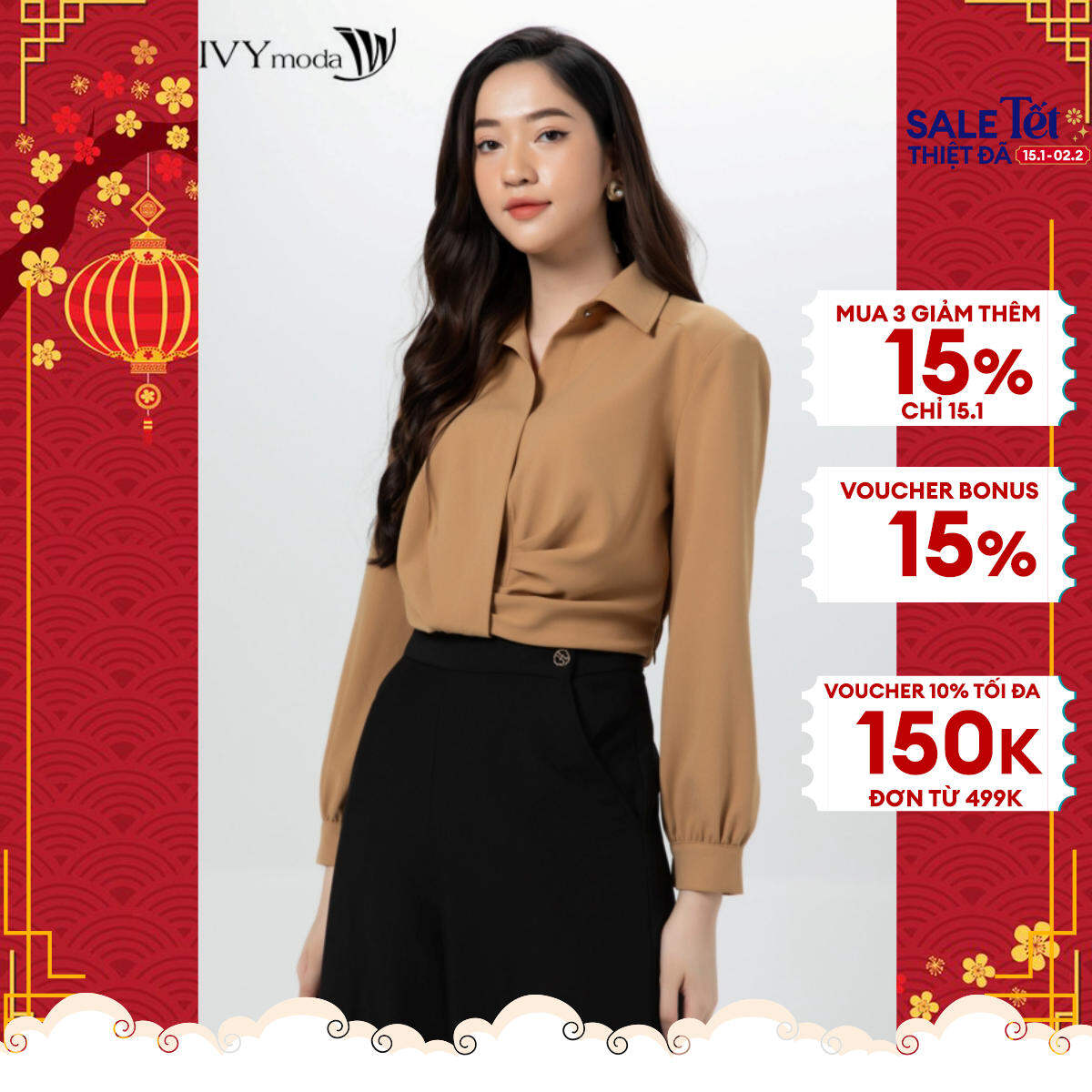 Áo sơ mi vạt túm lệch ivy moda ms 17b9161