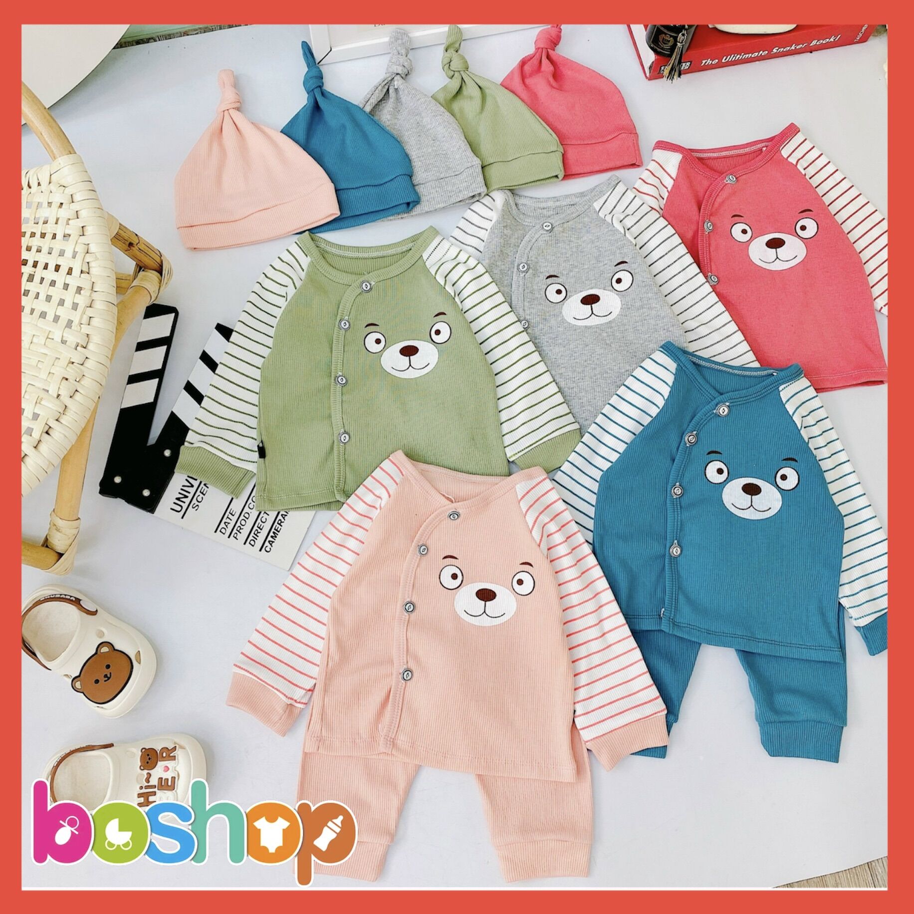 Bộ sơ sinh len tăm kèm mũ thu đông cho bé 3-8kg
