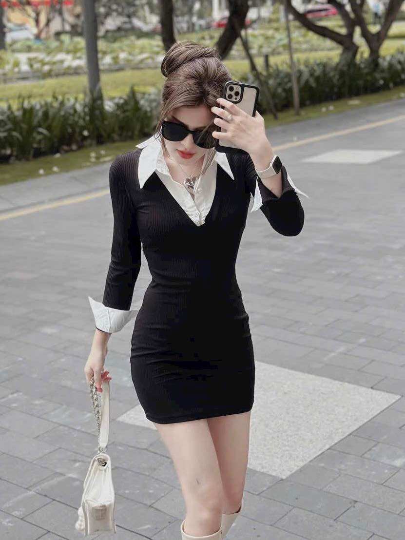 Đầm body thun gân phối cổ sơ mi đẹp tuyệt dpsm9