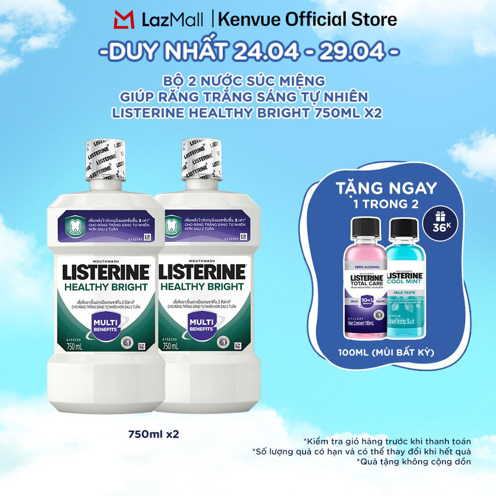 Bộ 2 Nước súc miệng làm trắng răng Listerine Healthy Bright Mouthwash 750ml/chai