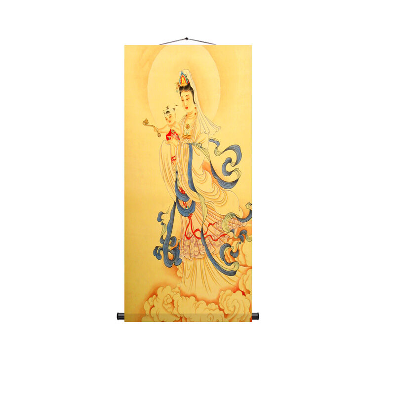 Tranh quan âm tặng con tranh cuộn tơ lụa mẫu mới dòng nhân vật in hoa tranh giữa đường phòng khách tứ phúc tượng phật