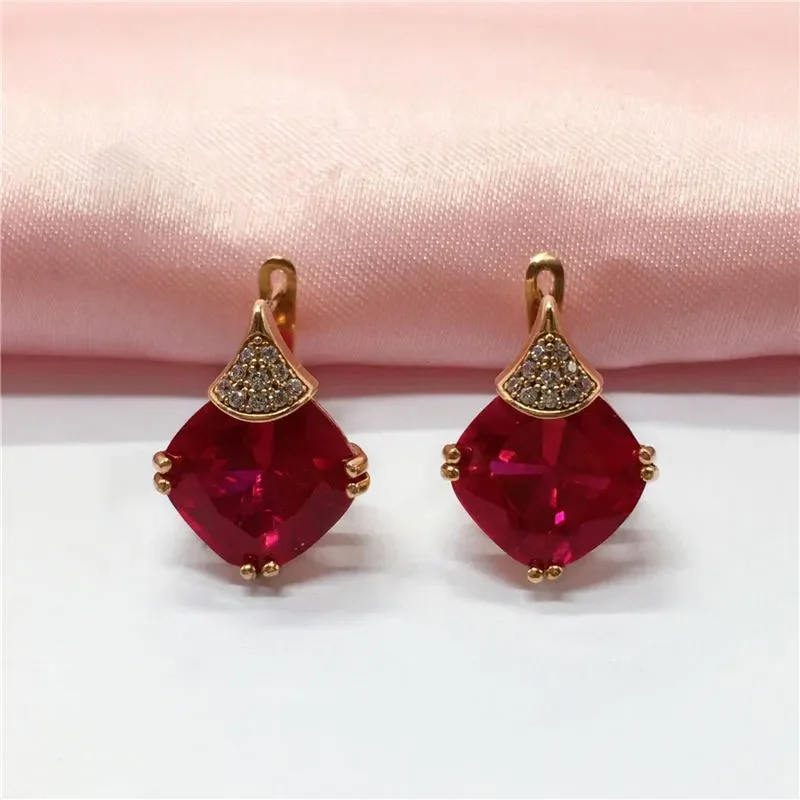 Vuông Cổ Điển Hình Lăng Trụ Ruby Tòn Ten Hoa Tai Nữ Tinh Tế Sáng Đá Quý Màu Đỏ Trang Sức Thời Trang 