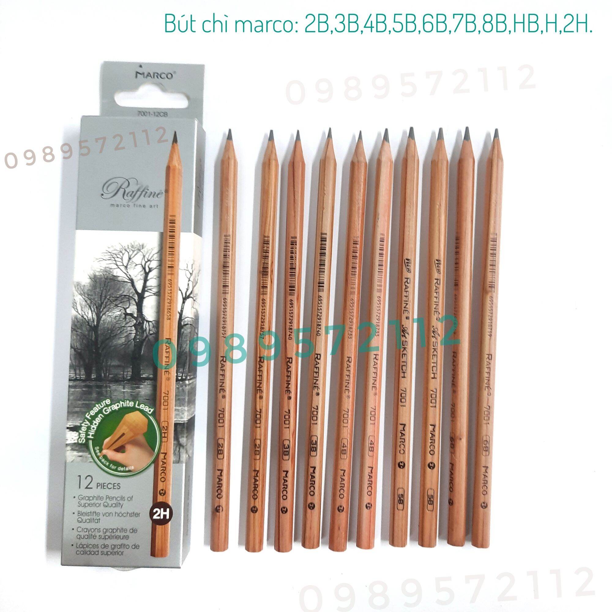 Bút chì marco gỗ 7001 2B,3B...8B,HB,H,2H.  (1 hộp).