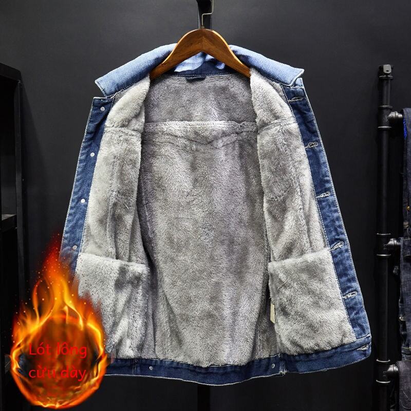 Áo Khoác Denim Dày Lót Lông Cừu Cho Nam Mùa Thu Đông Mới Áo Khoác Cotton Ấm Cỡ Lớn Thường Ngày Có Nhiều Túi