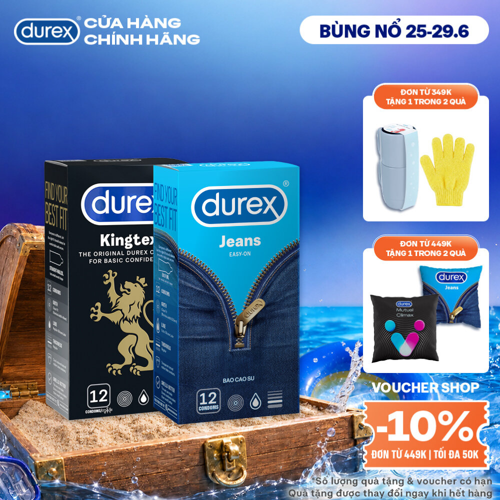 Combo 1 hộp Bao cao su Durex Kingtex 49mm 12 bao  1 hộp Bao cao su Durex Jeans 52.5mm 12 bao