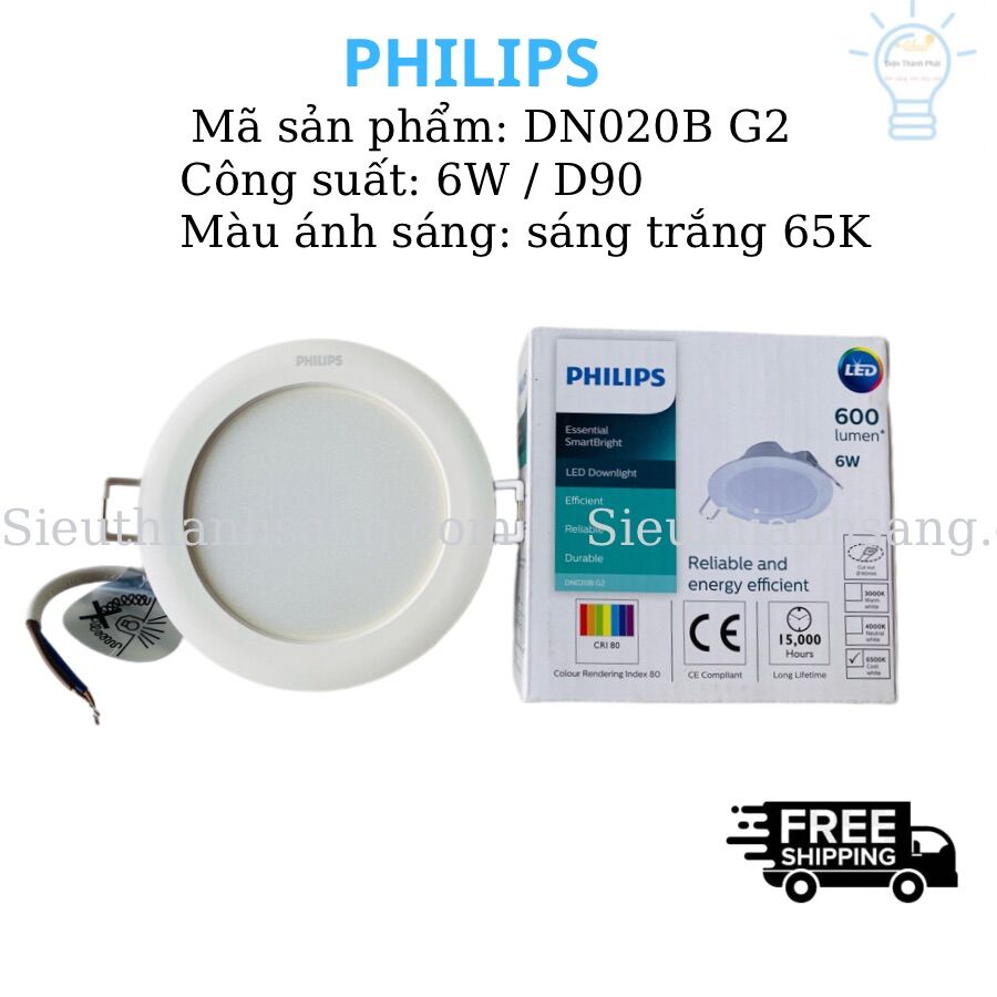 Đèn âm trần philips dn020b g2 d90 6w 6500k - ánh sáng trắng