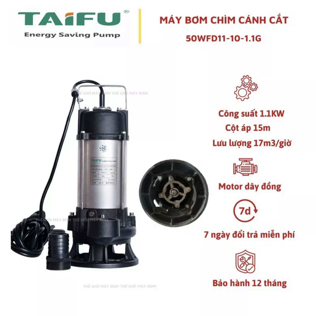 Máy bơm chìm nước thải cắt rác 1.1kw thân inox 304 taifu 50wfd11-10-1.1g - bảo hành 1 năm, bơm tõm hút bùn