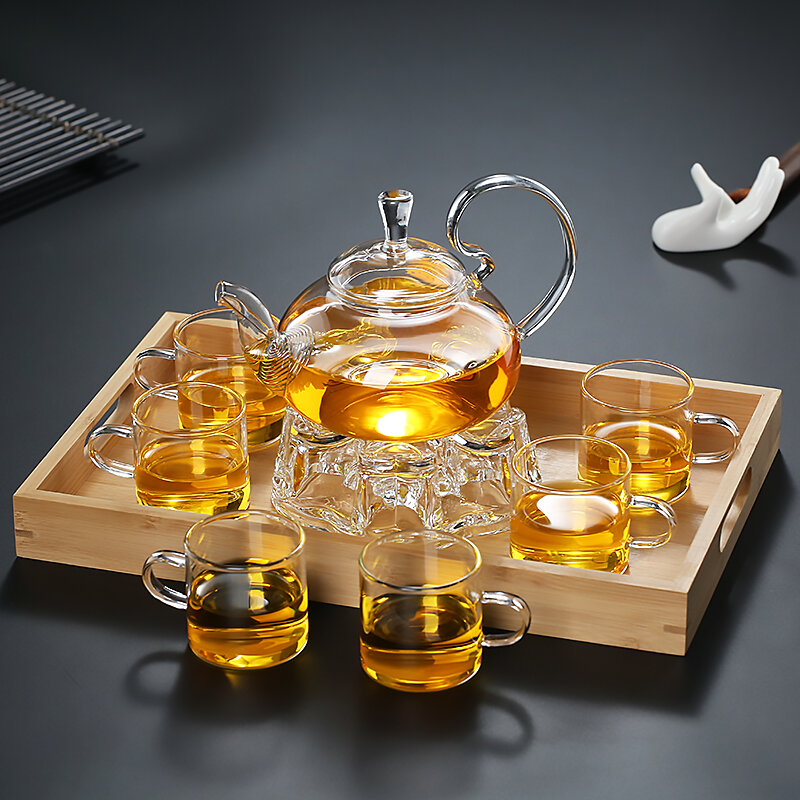 Bộ Dụng Cụ Pha Trà Thủy Tinh Chịu Nhiệt Ấm Trà Hoa Nắp Chống Rơi Ấm Tiên Nữ Tay Cầm Cao Ấm Pha Trà Kungfu Pha Trà Trong Suốt Dày