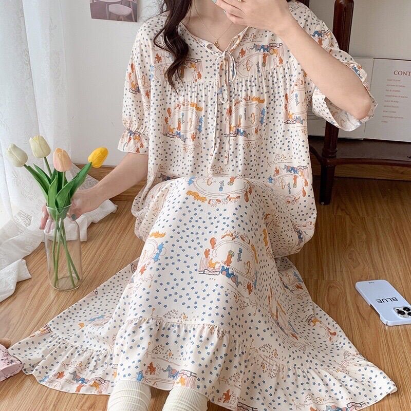 Đầm lanh lụa mặc nhà siêu mềm mát, freesize bầu bí thoải mái bon chen