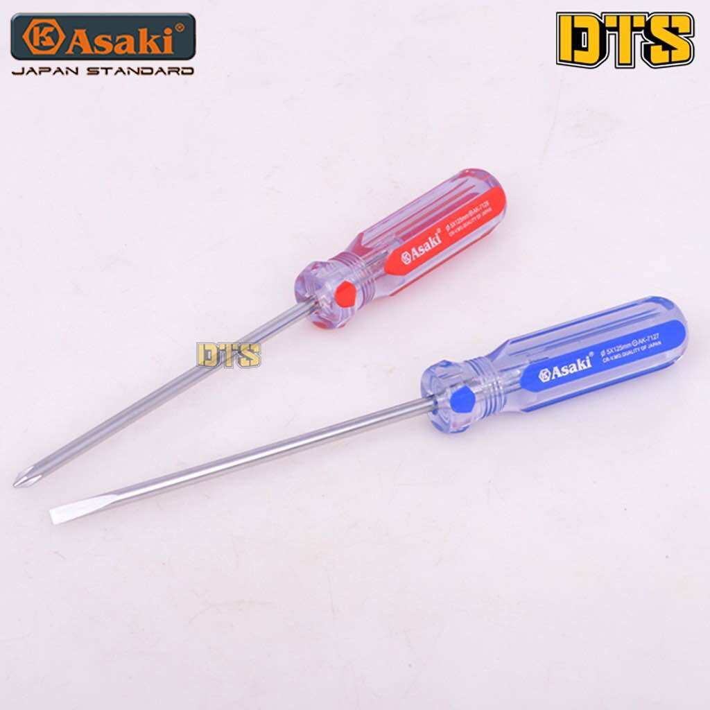 Tô vít - Tuốc nơ vít đầu dẹp, bake cán cứng nhựa trong Asaki (Kích thước tùy chọn), Tua vít đầu hít nam châm vĩnh cửu