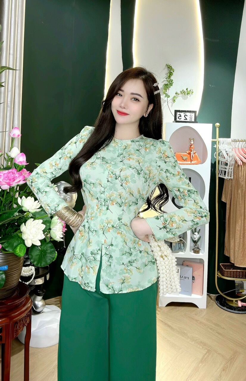 Bộ bà ba lụa mango tay dài nhún vai
