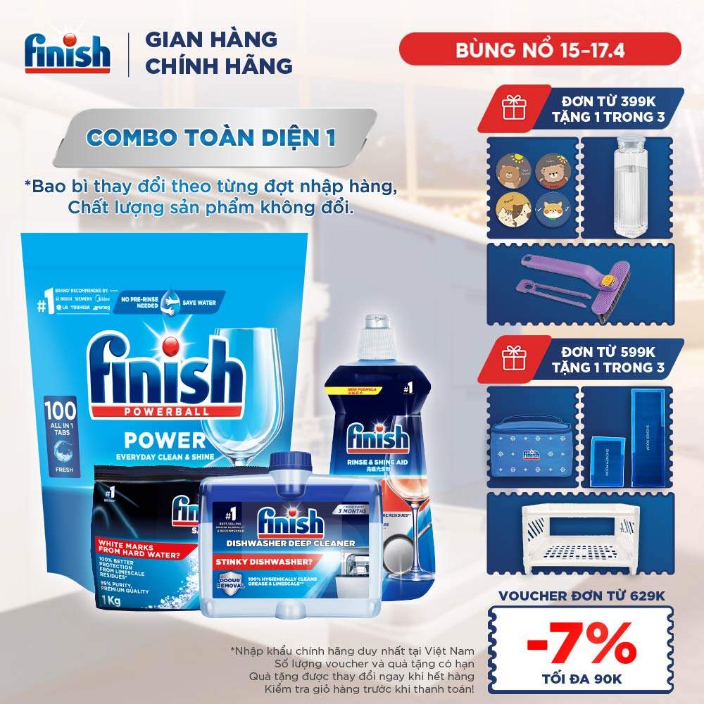 Combo Finish toàn diện 1: Everyday Shine  Clean + Nước Làm Bóng Finish 500ml + Muối Rửa Chén Finish Salt túi 1kg + Dung dịch vệ sinh máy