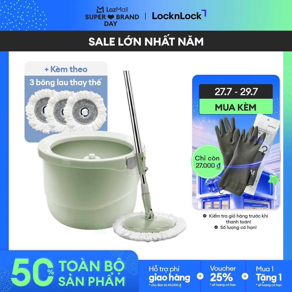 [SBD 27.7_Giảm đến 70% + Voucher đến 25%] Bộ cây lau nhà vắt tự động mini LockLock ETM498MITS2 - Màu xanh mint - Nhựa PP cao cấp - Thép không gỉ - Tặng 3 miếng bông lau thay thế