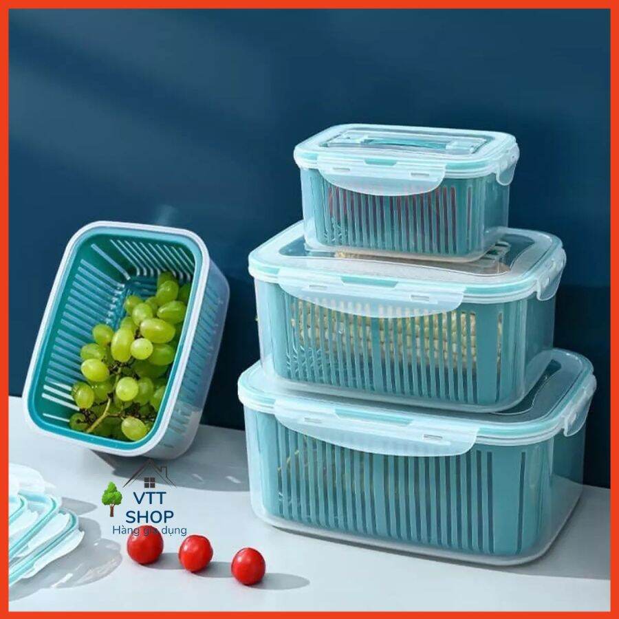 Set 5 hộp lưu trữ, bảo quản rau củ, thực phẩm tủ lạnh đa năng 2 lớp có nắp đậy.