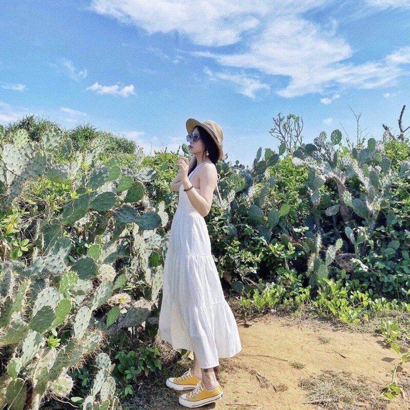 đầm maxi trắng đi biển đầm yếm maxi hở lưng