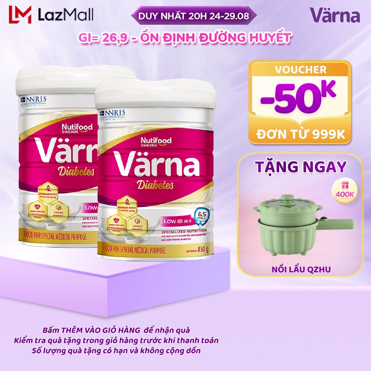 Bộ 2 Lon sữa bột Värna Diabetes Lon 850g - Ổn định đường huyết - Varna