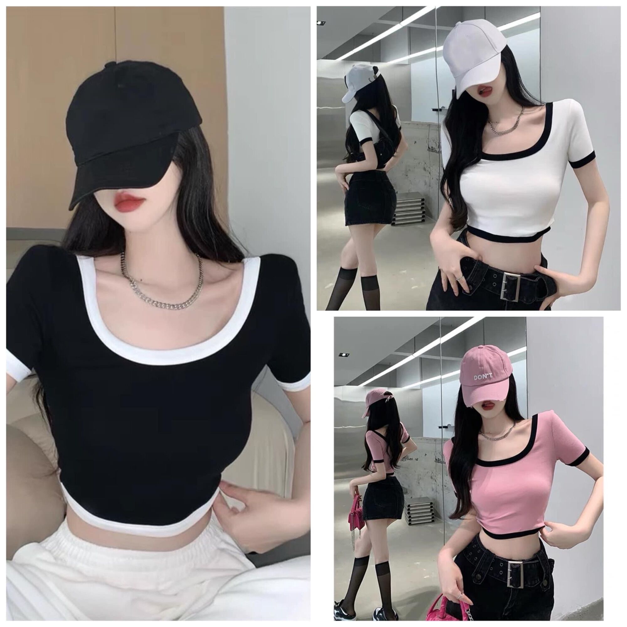 Áo kiểu croptop tay ngắn cổ U cho nữ phối viền