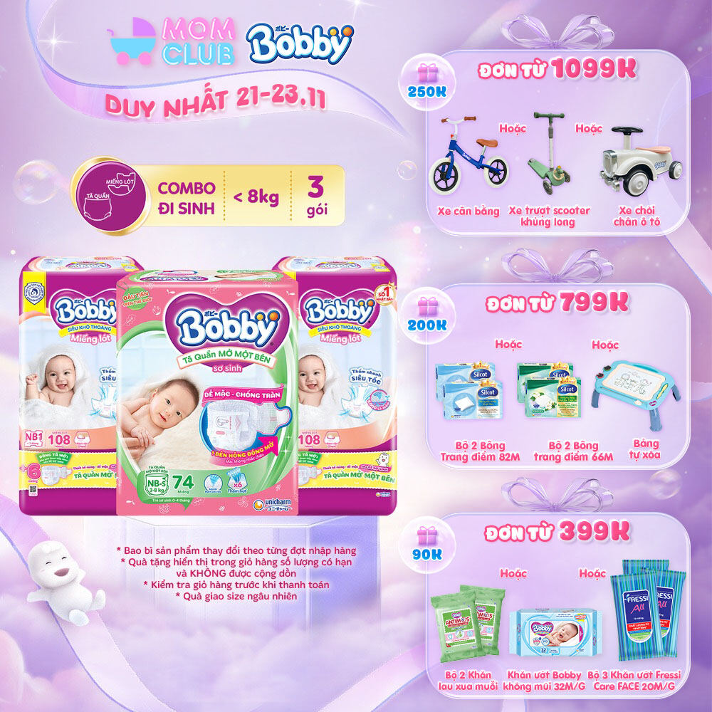 [TẶNG MIẾNG NGẪU NHIÊN] Combo sơ sinh gồm 02 Miếng lót Bobby Newborn 1-108 miếng và 01 gói Tã quần m