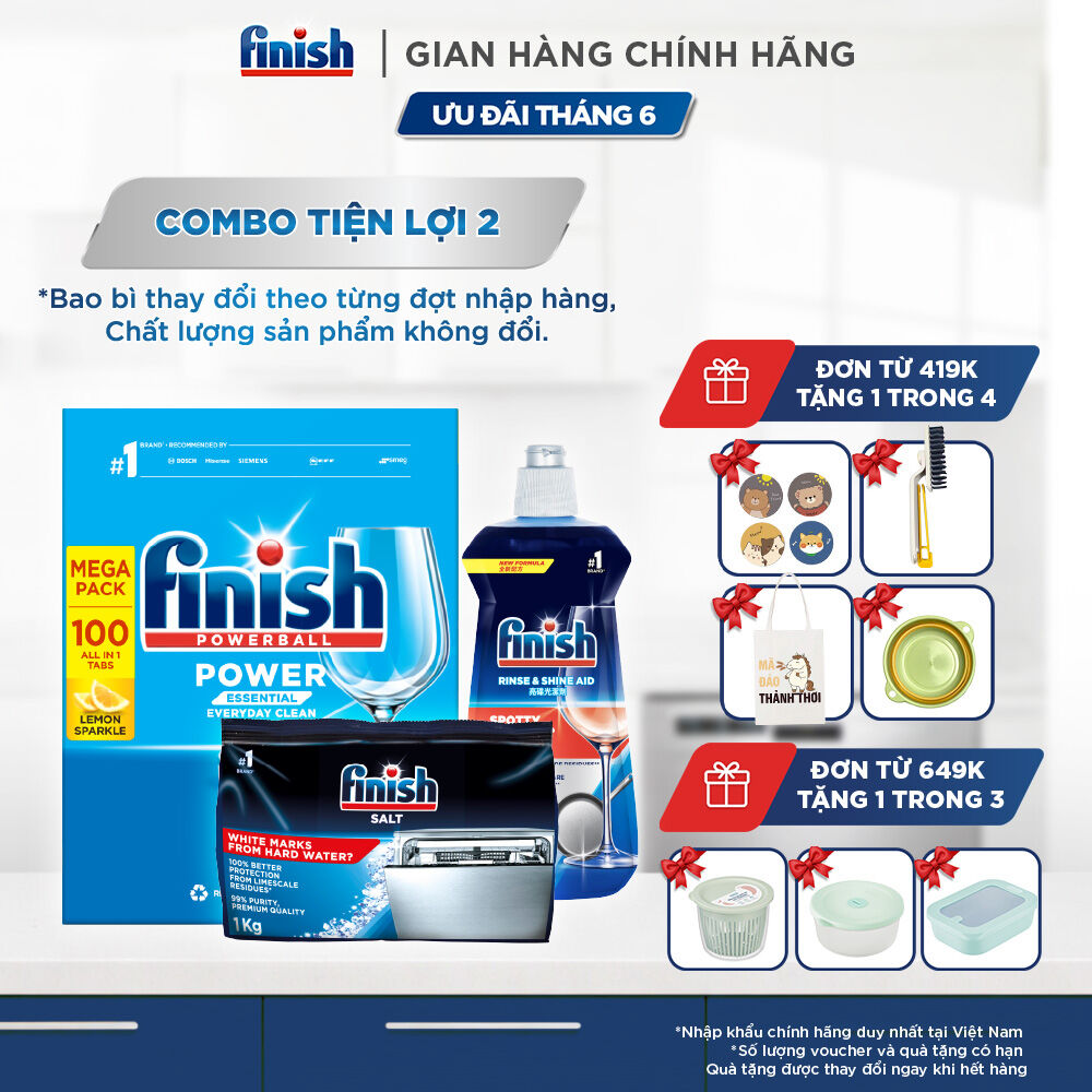 Combo Finish tiện lợi 2: Hộp 100 Viên Rửa Bát Finish Essential + Nước Làm Bóng 500ml + Muối Rửa Chén