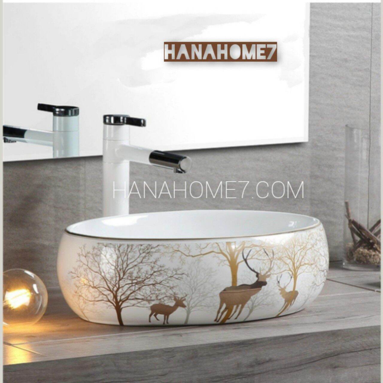 Chậu rửa mặt, lavabo sứ hoa văn nai vàng