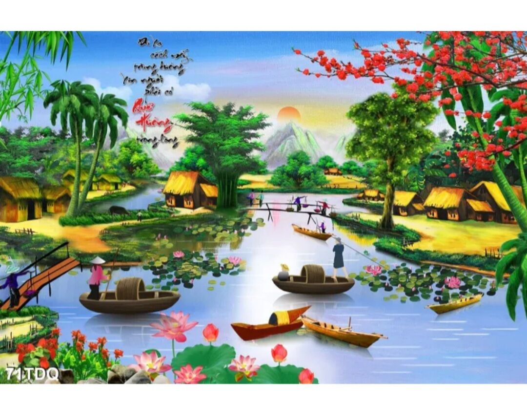 Tranh dán tường làng quê không viền ngang 90cm cao 40cm 71tdq