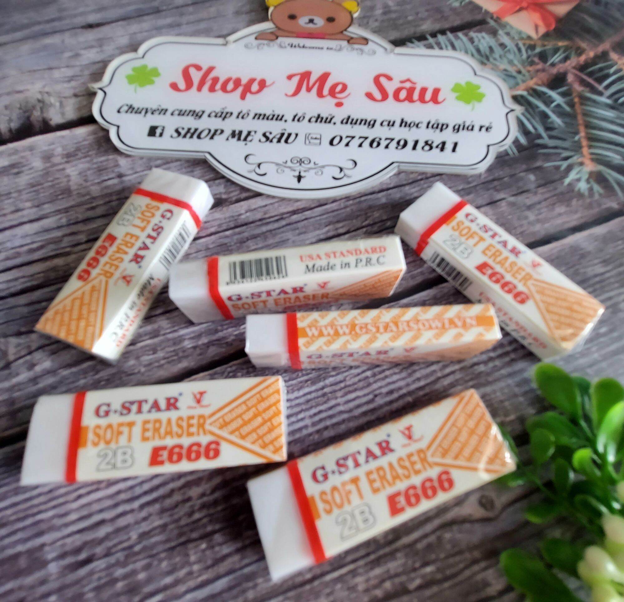 SET 5 GÔM BÚT CHÌ E666 TRẮNG HOẶC ĐEN