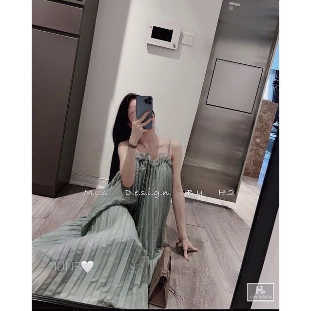 Đầm maxi dáng dài hai dây dập ly bèo ngực siêu xinh hình thật