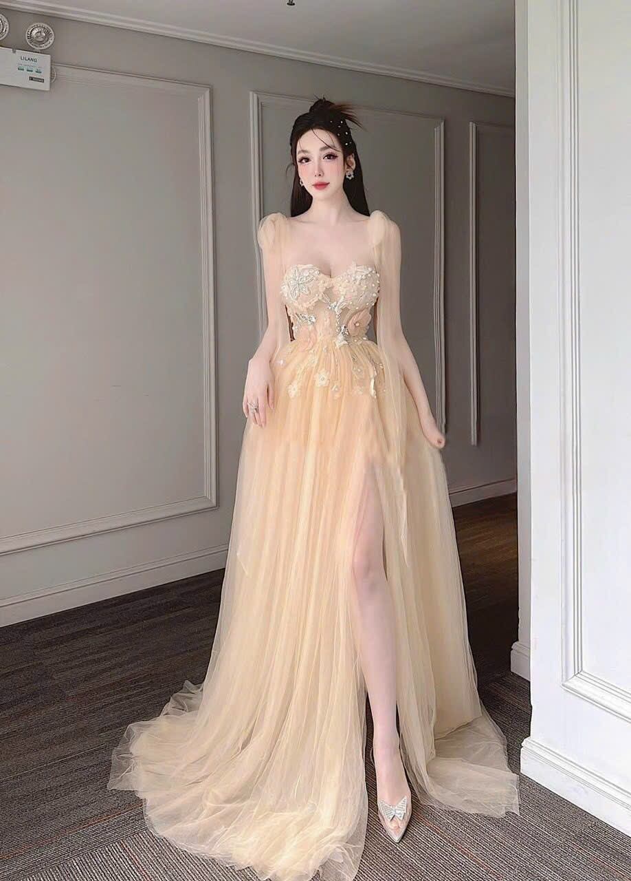 ĐẦM MAXI NƠ VAI ĐÍNH HOA 3D kèm ảnh thật
