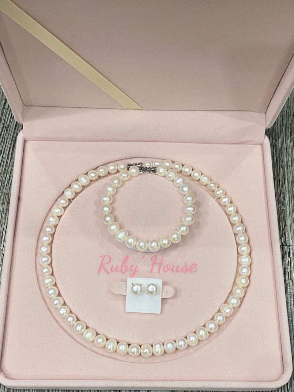 Bộ trang sức ngọc trai nuôi nước ngọt, hạt gần tròn size 8ly màu Trắng