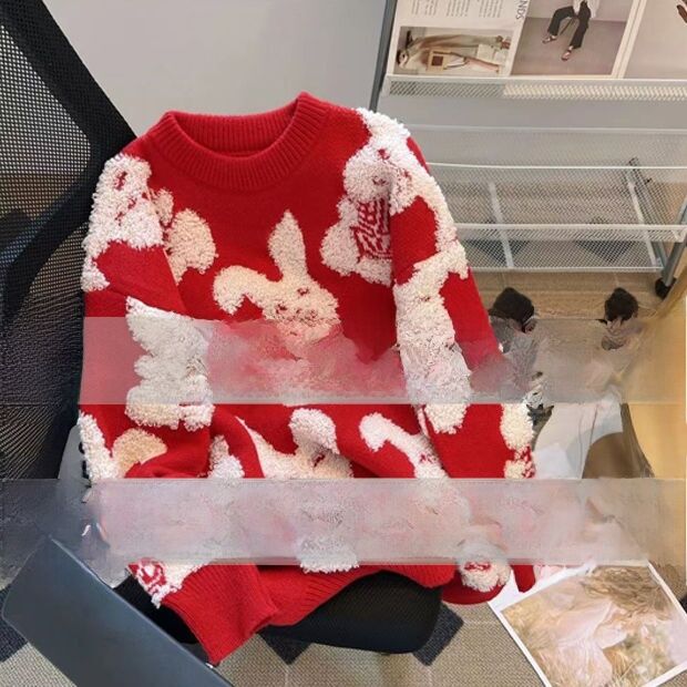 Áo Len Dệt Kim Dáng Rộng Phong Cách Lười Biếng Cho Nữ Mùa Thu Đông 2024 Áo Len Cổ Tròn Tay Dài Họa Tiết Hoạt Hình Bằng Lông Thỏ