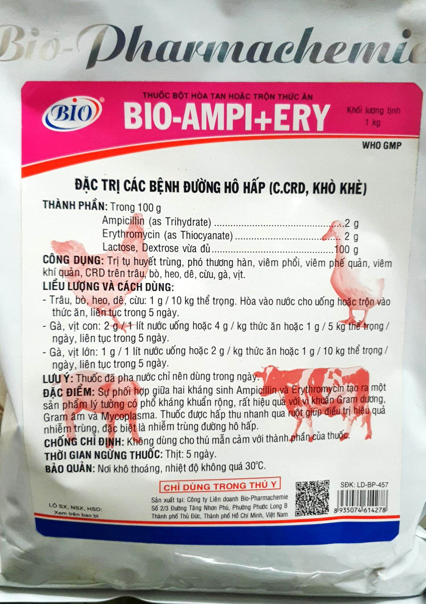 BIO AMPI + ERY (1kg) - Đặc tr.i. các bệnh đường hô hấp, CCRD, khò khè, tụ huyết trùng, phó thương hàn cho gà vịt, heo, bò, dê, cừu