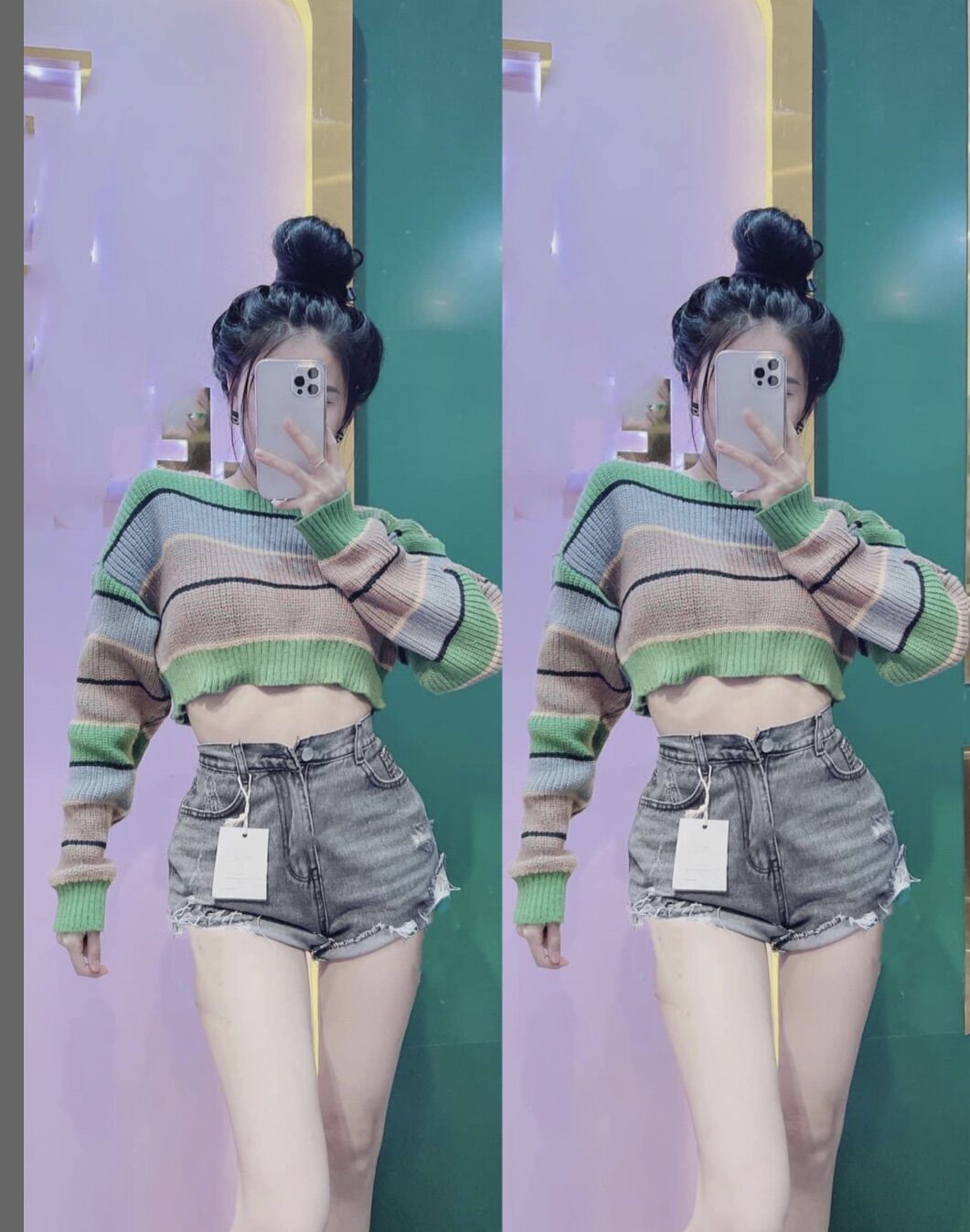 Áo len xanh kẻ croptop cực chất hàng quảng châu