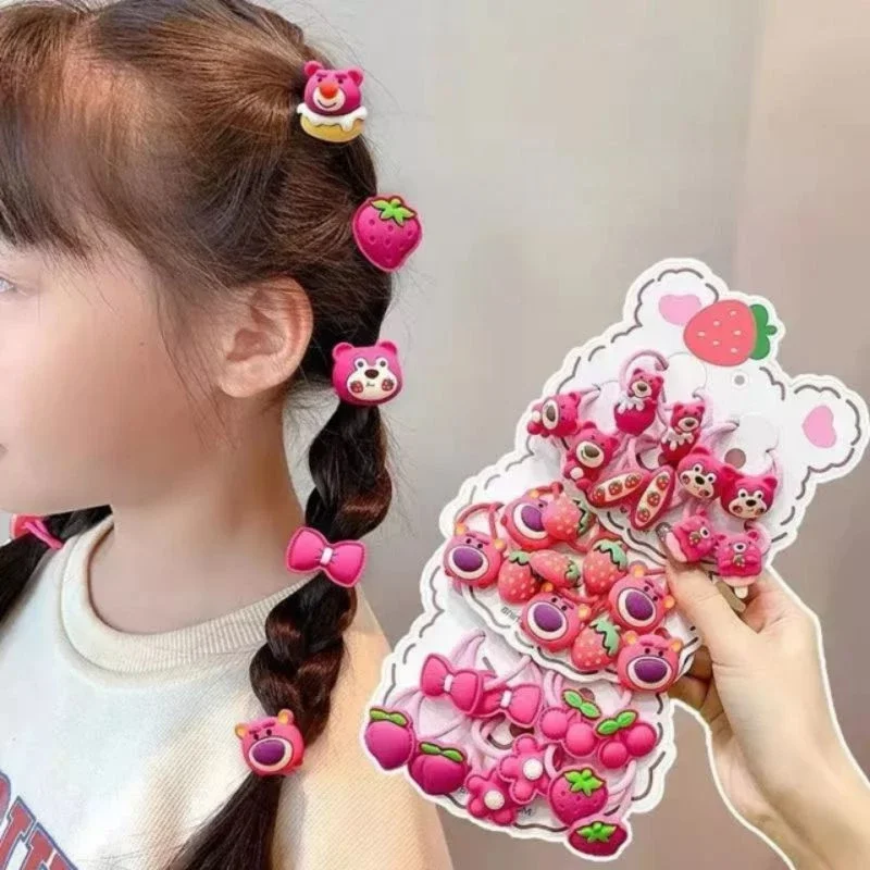 Vĩ 10 dây buộc tóc hoạt hình gấu hồng trái dâu siêu dễ thương cho bé