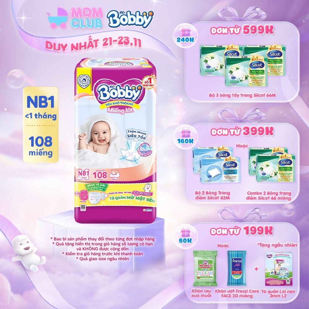 Miếng lót sơ sinh Bobby Newborn NB1 - 108 miếng - Siêu thấm khô thoáng (Tặng thêm 6 miếng Tã Quần Mở