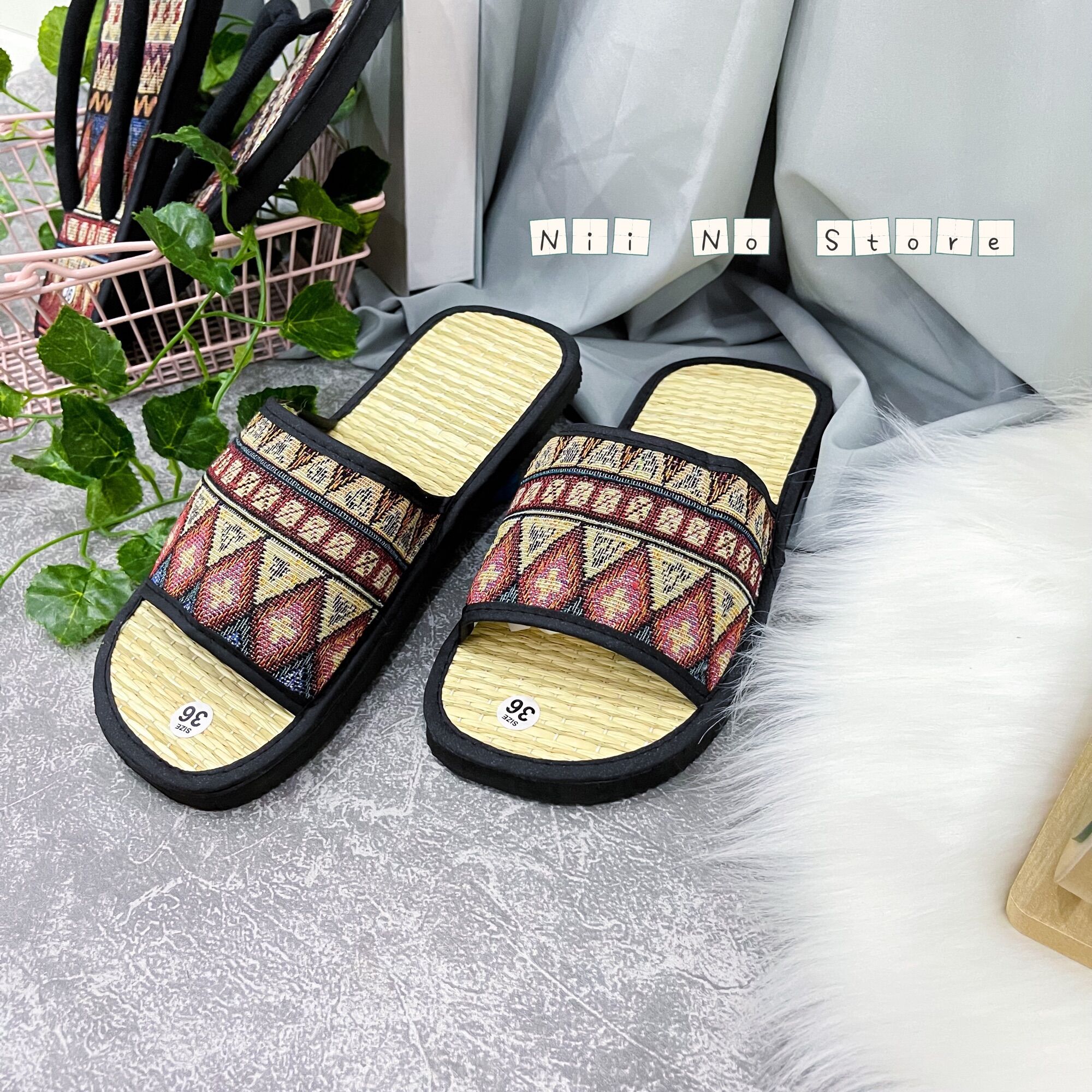 [ND017] Dép chiếu cói thổ cẩm đỏ quai ngang