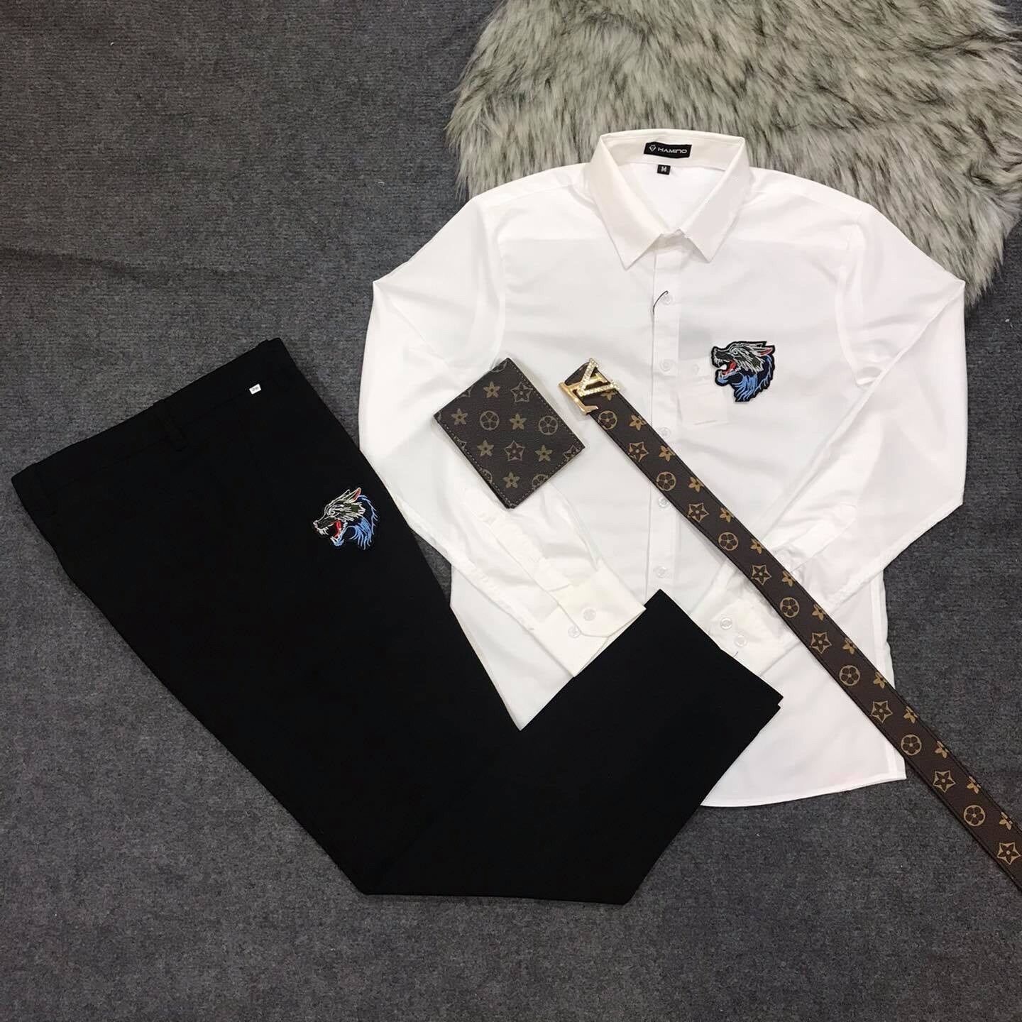 Set quần tây - âu áo sơ mi thêu logo hoạ tiết sói, cam kết hàng y hình bao lỗi 1 đổi 1