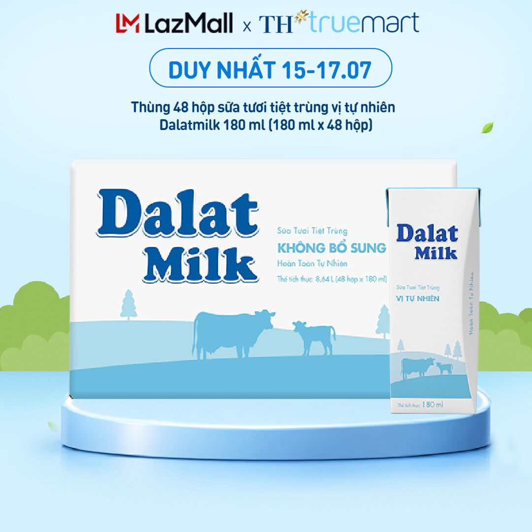 Thùng 48 hộp sữa tươi tiệt trùng Dalatmilk vị tự nhiên 180 ml (180 ml x 48)