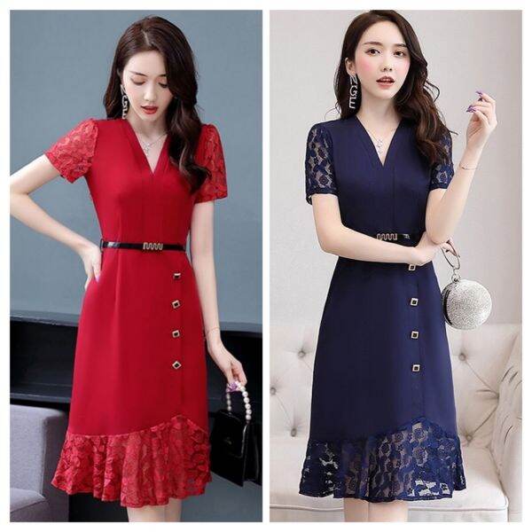Đầm dáng ôm body đuôi cá phối ren cổ V tặng kèm thắt eo sang trọng thanh lịch có bigsize