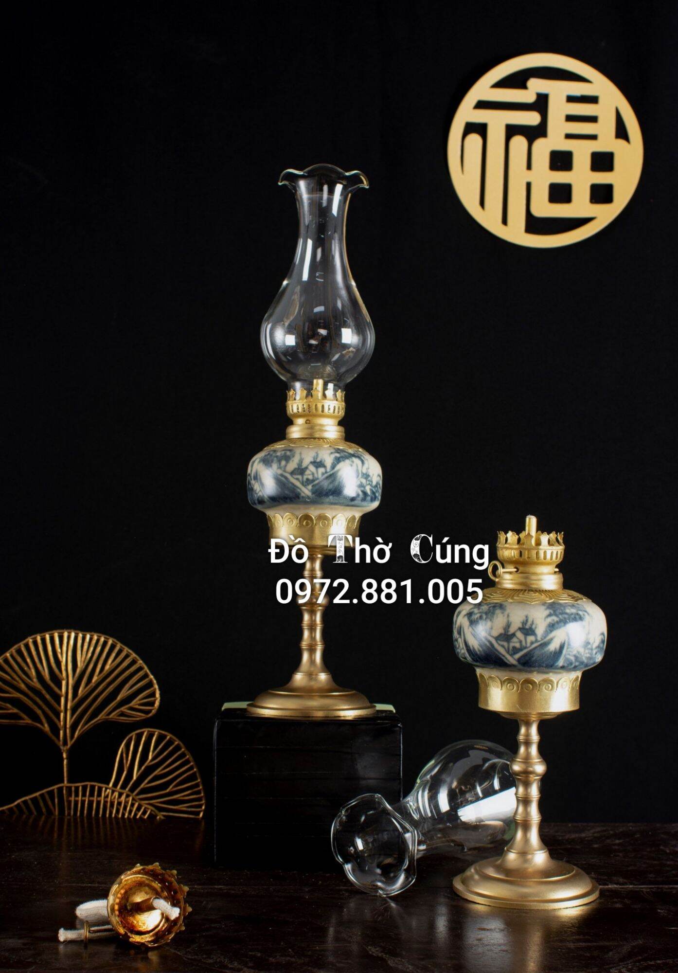 Đèn thờ , Đèn dầu men rạn cổ bọc đồng Bát Tràng cao cấp