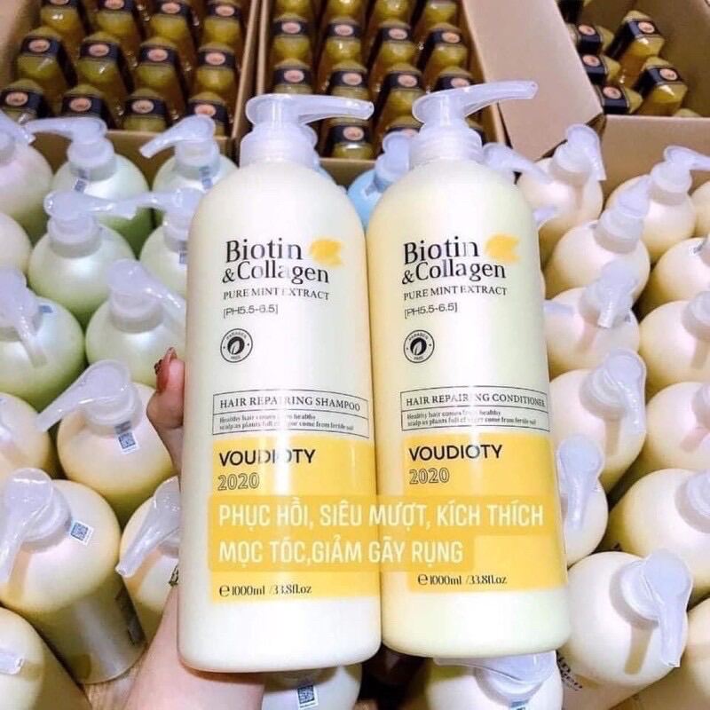 Combo 2 Chai Dầu Gội Và Xả Biotin 1000Ml Màu Vàng Trắng Phục Hồi Mềm Mượt Giảm Gãy Rụng Kích Thích Mọc Tóc