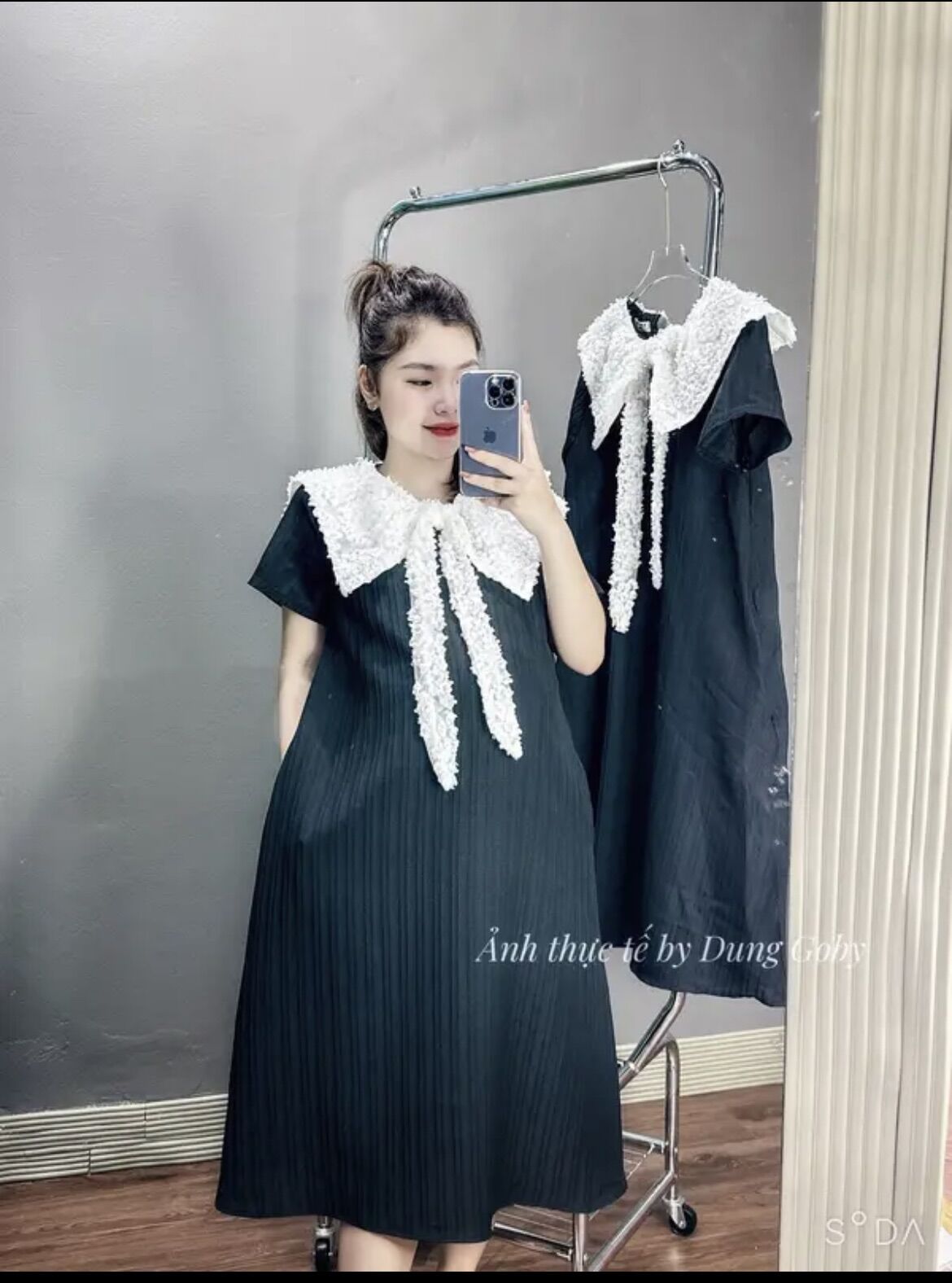Đầm bầu đũi gân nơ hoa sang chảnh