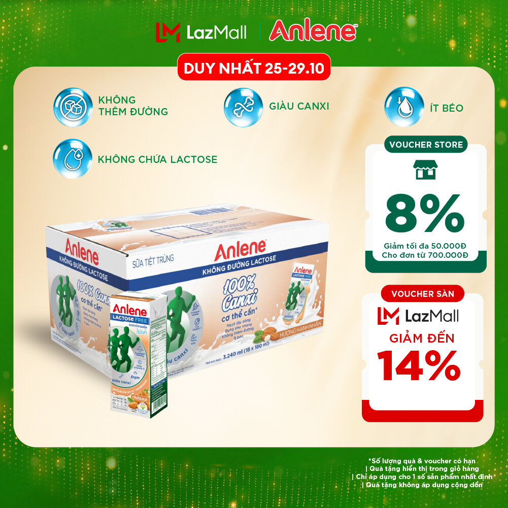 Thùng 18 hộp sữa Anlene không đường Lactose vị hạnh nhân 180ml