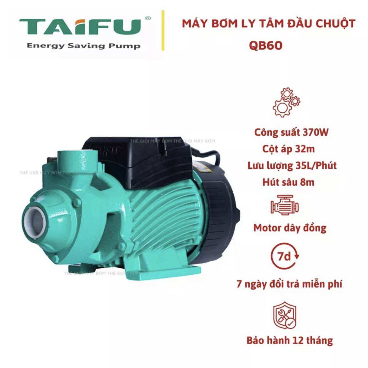 Máy bơm nước ly tâm đầu chuột 370w cánh đồng taifu qb60 - bảo hành 1 năm